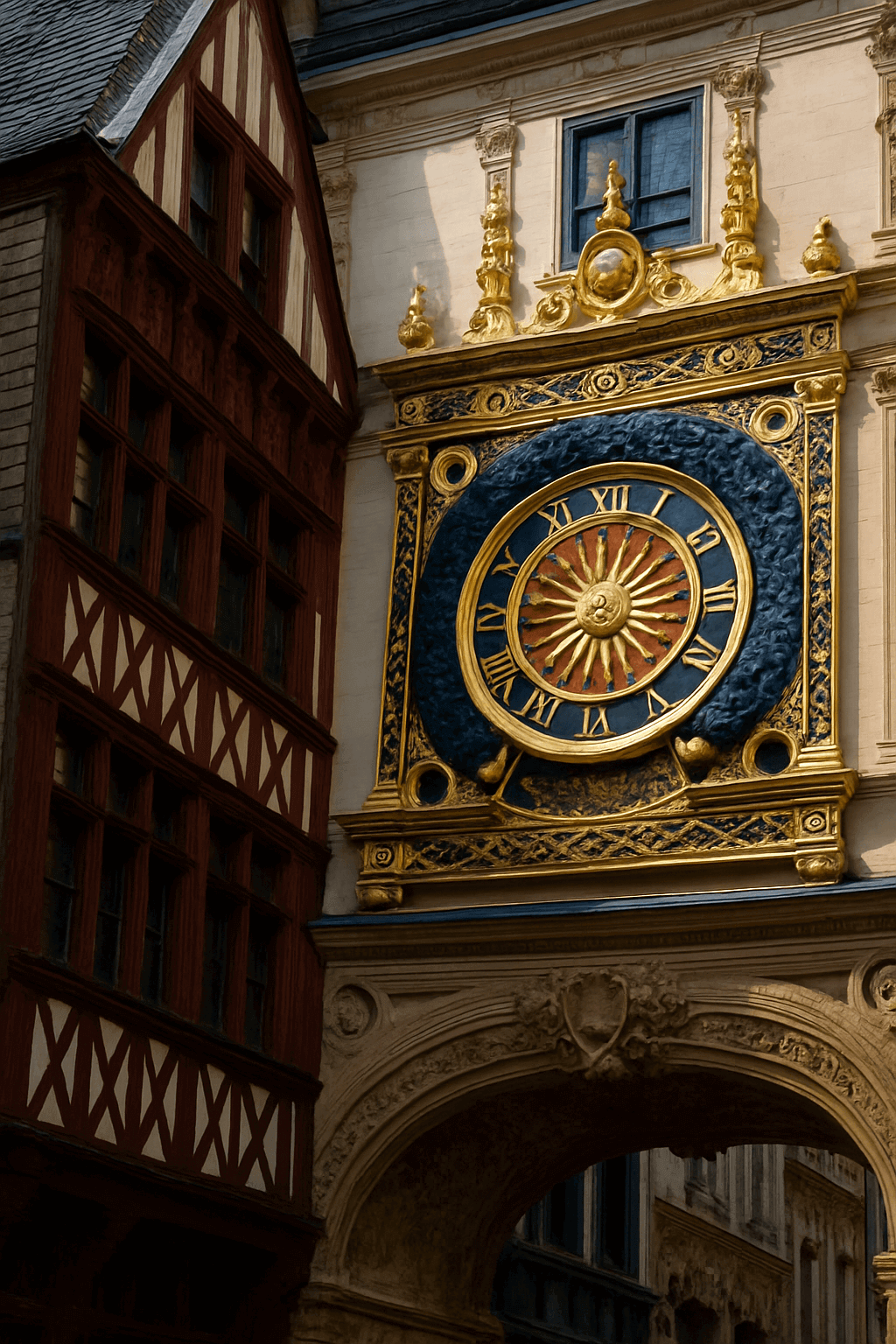 Gros-Horloge : horloge astronomique Renaissance sur arche piétonne, emblème historique du centre-ville de Rouen.